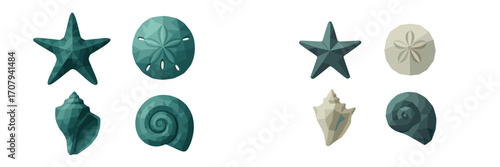 Modern geometric ocean life collection with faceted starfish, sand dollars, and diverse seashells in a clean design
