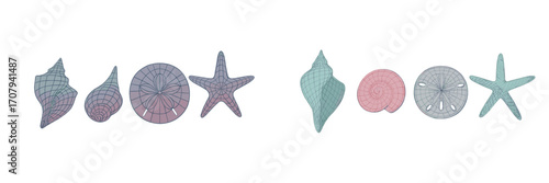 Stylized marine life collection featuring various seashells, a sand dollar, and starfish in soft gradient colors