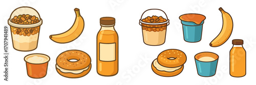 Delicious and nutritious breakfast food assortment with yogurt parfaits, fresh bananas, juice bottles, and cream cheese bagels