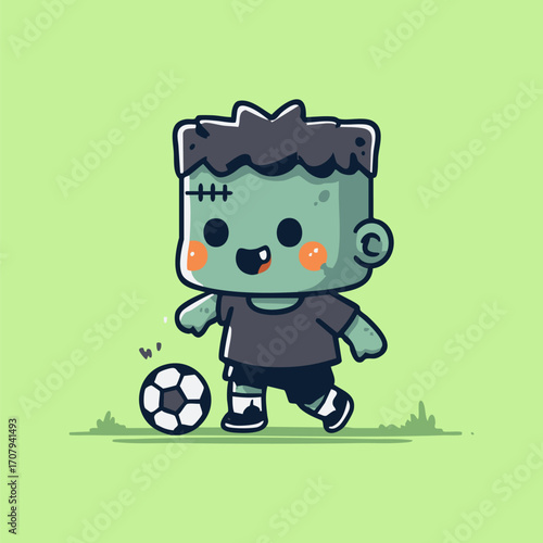 Cute Frankenstein Character Dribbling Soccer Ball