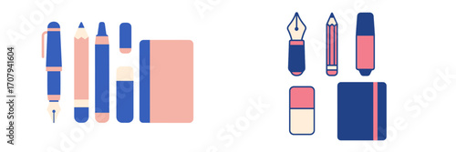 Colorful collection of essential stationery items including fountain pens, pencils, markers, erasers, and notebooks for creative work and study