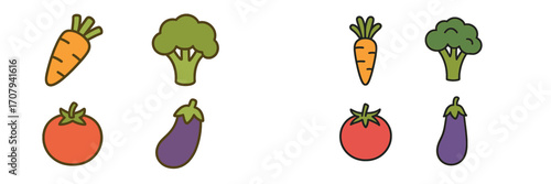 Assortment of healthy garden vegetables including carrots, broccoli, tomatoes, and eggplants with clean graphic outlines