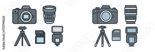 Digital photography equipment collection with camera, interchangeable lens, tripod, memory card, and external flash accessories