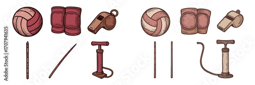 Volleyball equipment collection featuring ball, knee pads, whistle, and air pump for sports activity