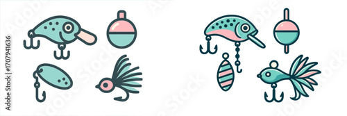 Vibrant collection of fishing lures, bobbers, and various tackle for recreational angling and sport fishing activities