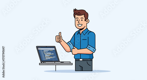 Successful software developer giving a thumbs up, code on laptop screen, smiling with enthusiasm