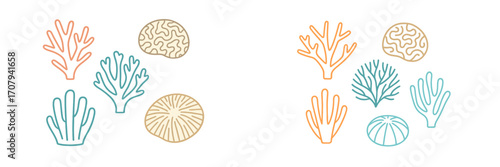 Abstract marine life featuring various corals and sea sponges in a clean outline style for underwater themes