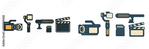 Professional video production equipment set including camera, gimbal, microphone, memory card, and clapperboard