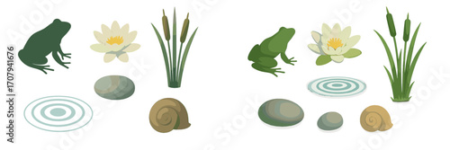 Collection of pond life elements including frogs, water lilies, cattails, stones, snails, and water ripples