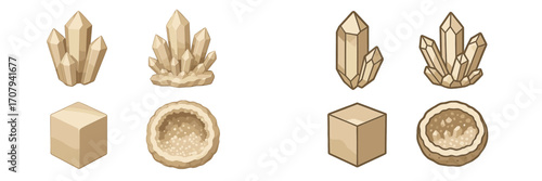 Assortment of stylized mineral crystals, raw geodes, and geometric shapes in various earthy tones and formations