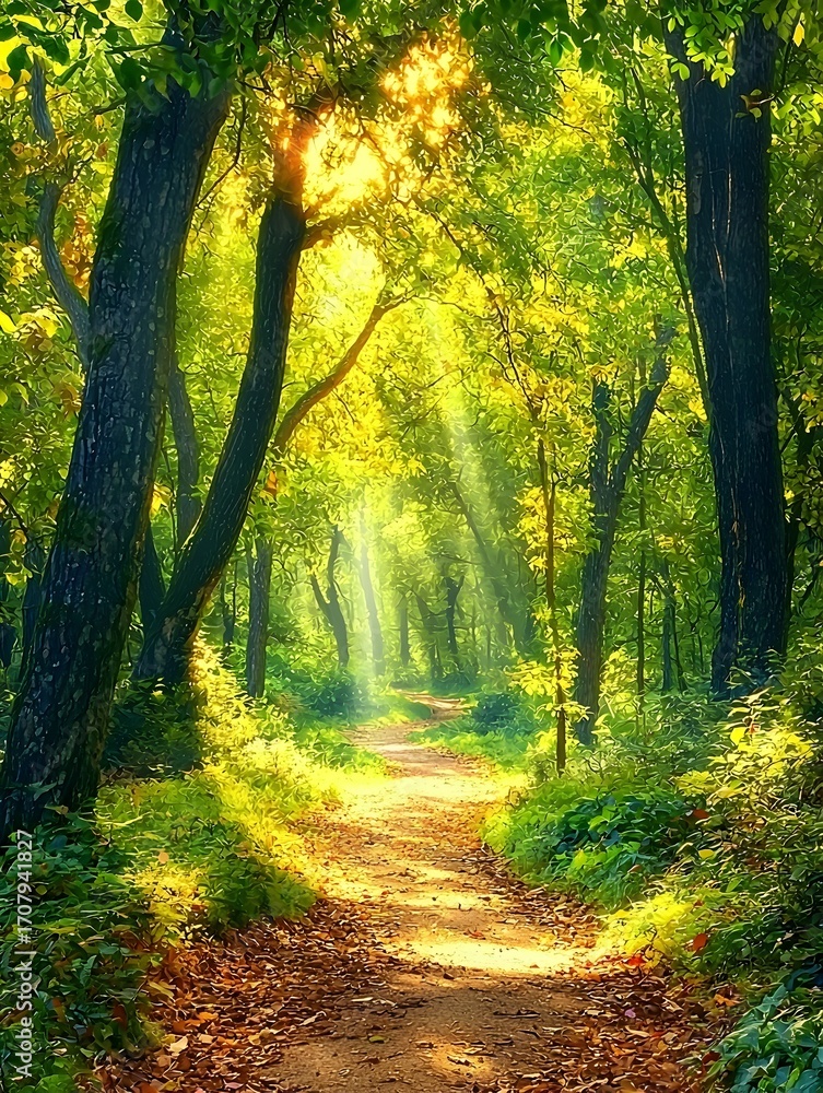Obraz premium Photo of a sunlit forest path surrounded by tall trees and lush greenery