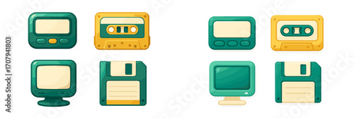Collection of vintage electronic gadgets and data storage items, showcasing classic pagers, audio cassettes, desktop monitors, and floppy disks