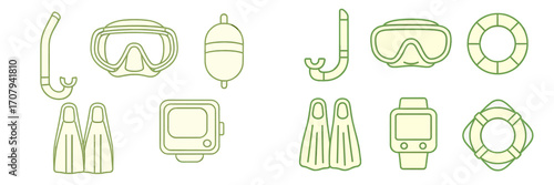Collection of diving and snorkeling equipment with water safety gear icons