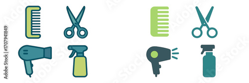Collection of essential hairdressing salon tools and equipment icons for beauty and barber shop services