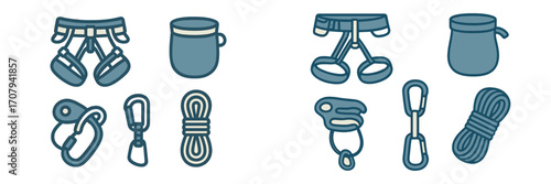Climbing and mountaineering equipment set with harnesses, carabiners, ropes, and chalk bags for outdoor sports