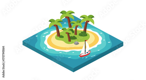 Isometric tropical island with palm trees and a sailboat.