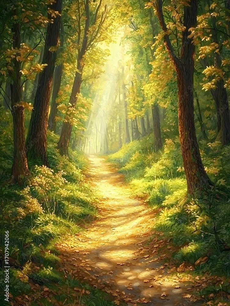 Obraz premium Photo of a sunlit forest path surrounded by tall trees and lush greenery