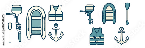 Boating equipment and marine accessories set with inflatable boat, motor, life vest, anchor, and paddles