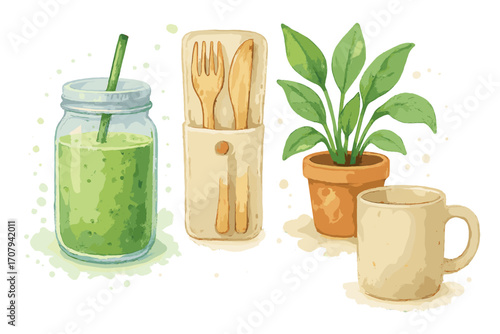 Refreshing green smoothie drink, reusable bamboo cutlery set, potted houseplant, and natural ceramic mug