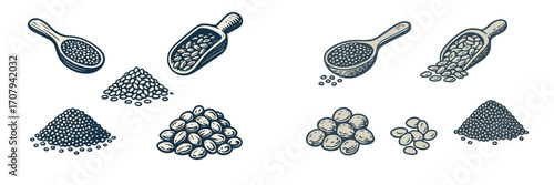 Nutritious food ingredients: diverse collection of grains, legumes, and seeds in scoops and scattered piles