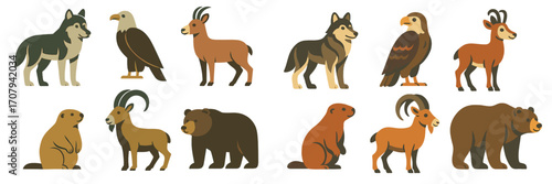 Diverse wild animal characters including wolves, eagles, chamois, marmots, and bears in a flat design style