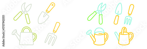 Collection of essential gardening tools including pruning shears, trowel, hand fork, and watering can for spring planting