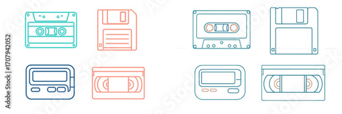 Set of retro technology icons featuring audio cassettes, floppy disks, pagers, and VHS tapes