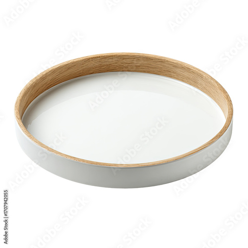 Round white tray with a light brown wooden rim