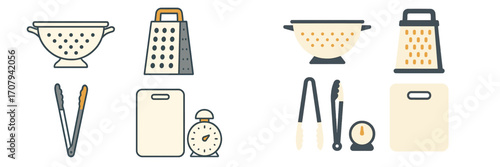 Essential kitchen tools and cooking utensils set with colander grater tongs cutting board and kitchen scale