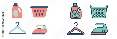 Collection of household laundry items including detergent, basket, hanger, and iron in flat and outline styles