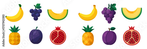 Assortment of fresh ripe tropical and seasonal fruits for healthy eating and natural nutrition with vibrant colors and simple shapes