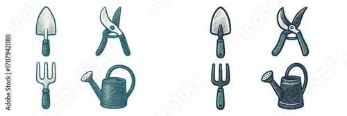 Gardening tools set with trowel, pruning shears, hand fork, and watering can for home garden maintenance and planting