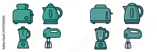 Teal kitchen appliances set with toaster, kettle, blender, and hand mixer for cooking and breakfast