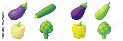 Assortment of fresh low poly geometric vegetables including purple eggplant green zucchini yellow bell pepper and green artichoke