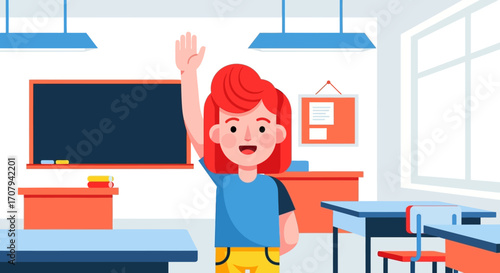 A cartoon girl with red hair raises her hand in a classroom with desks and a blackboard.