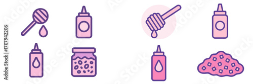 Collection of sweet food items featuring a honey dipper, jam jar, and squeeze bottles for desserts and snacks