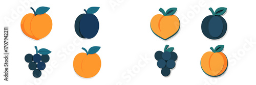 Vibrant stylized paper cut fruits: peaches, plums, and grapes with a layered effect on a clean white background