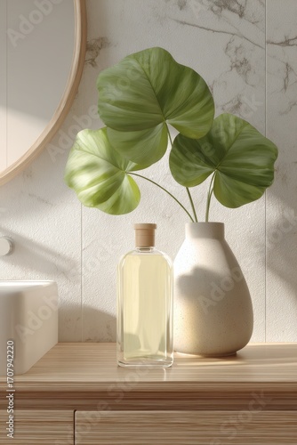 Minimalist Bathroom Decor with Plant and Bottle in Natural Light.