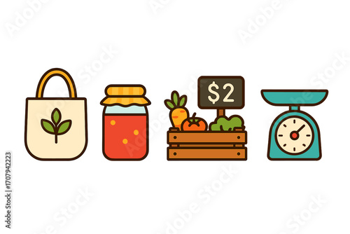 Farmers market and grocery shopping essentials featuring fresh produce, homemade jam, eco-friendly bag, and kitchen scale