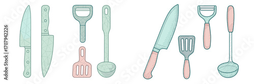 Assortment of essential kitchen utensils including knives, peelers, spatulas, and ladles for cooking