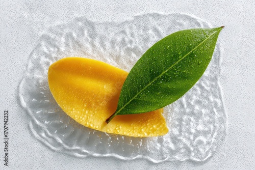 Mango Slice with Leaf on Glass Plate - Fresh Tropical Fruit.