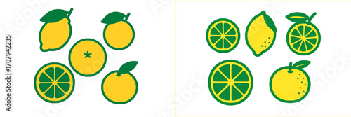 Stylized graphic design elements featuring fresh citrus fruits like whole lemons, oranges, and vibrant lime slices