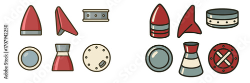 Various abstract geometric shapes and stylized industrial components for technology and science projects