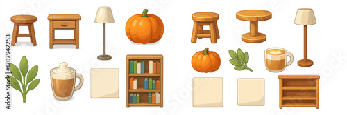 Collection of stylized cozy autumn home decor elements featuring wooden furniture, pumpkins, coffee mugs, and green leaves on white background
