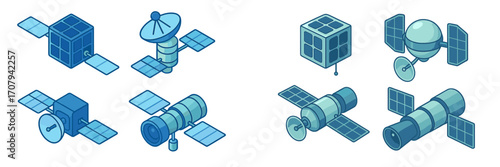 Set of isometric space satellites for global communication, internet, and scientific exploration technology