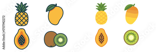 Colorful assortment of tropical fruits including whole pineapple, ripe mango, sliced papaya, and fresh kiwi on a white background
