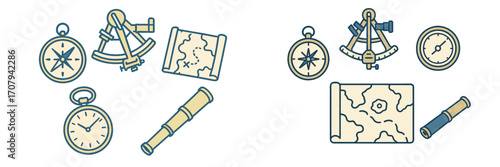 Set of vintage navigation and exploration instruments featuring compasses, sextant, rolled map, pocket watch, and telescope