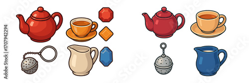 Collection of colorful teaware items including teapot, cup, infuser, pitcher, and faceted gemstones