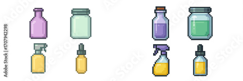 Pixel art style bottles, jars, and containers filled with colorful liquids and featuring various cap types like spray and dropper