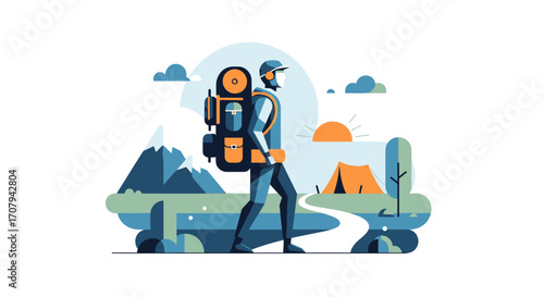 Man with large backpack hiking on a trail.